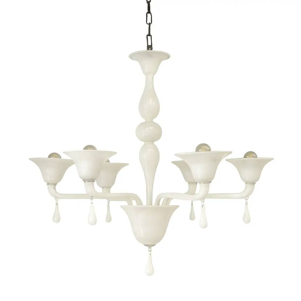 Contemporary Italian 6-Arm White Murano Glass Chandelier