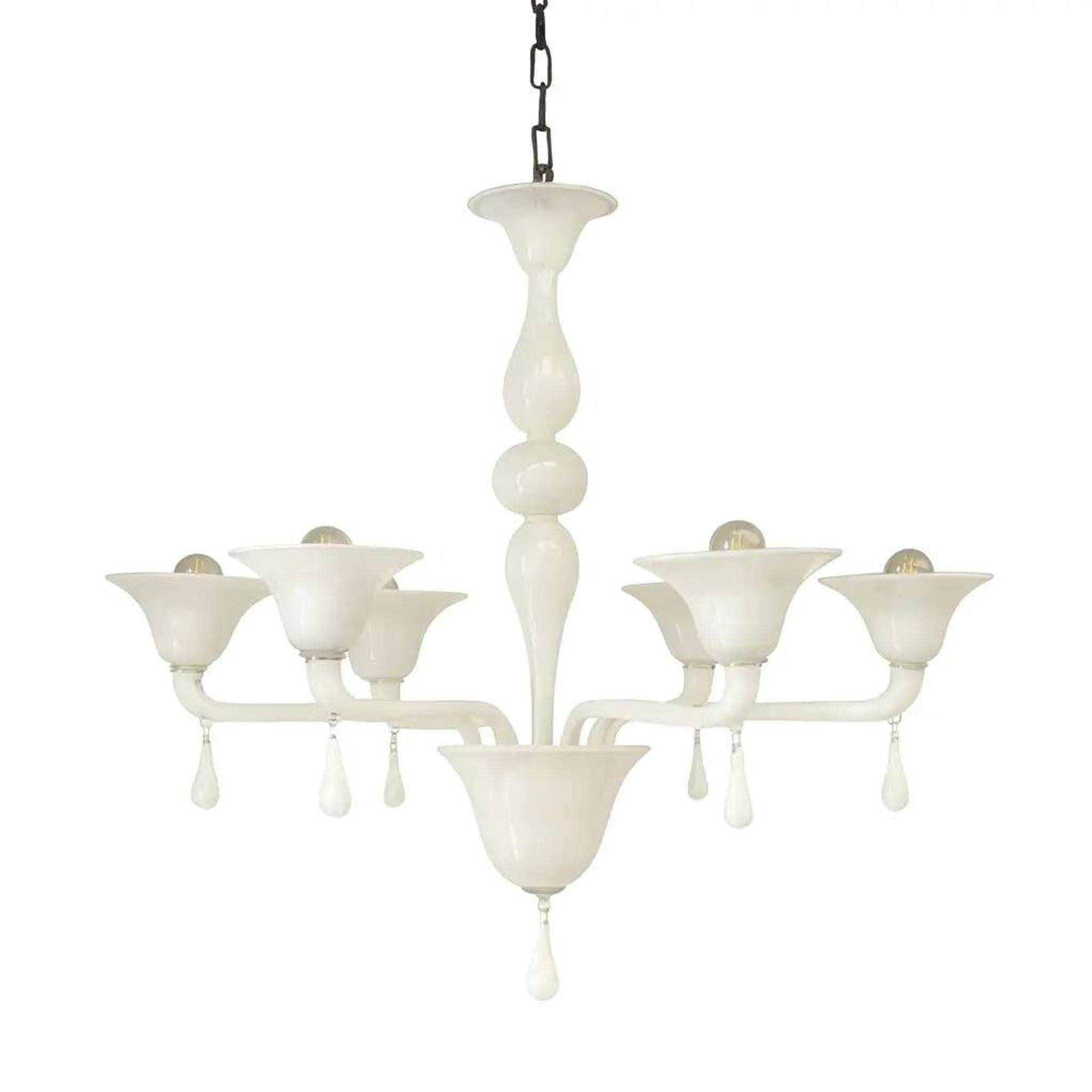 Contemporary Italian 6 Arms White Murano Glass Chandelier