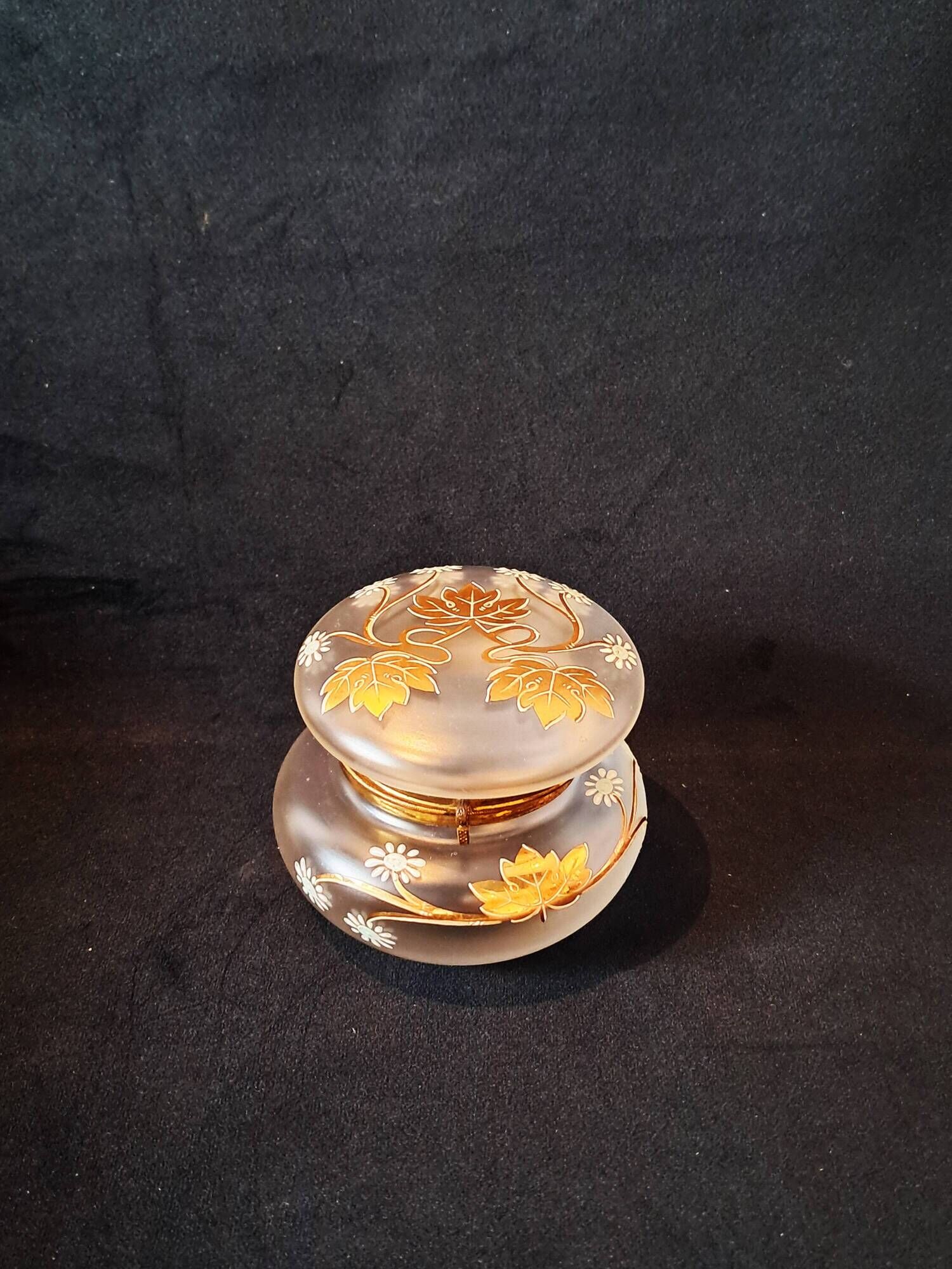 Art nouveau satin glass candy dish with enamel painted floral decor