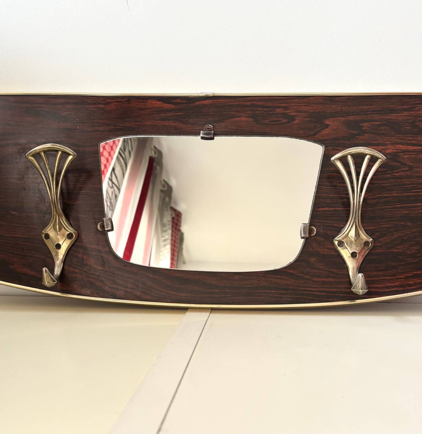 Wood and brass coat rack, 1960