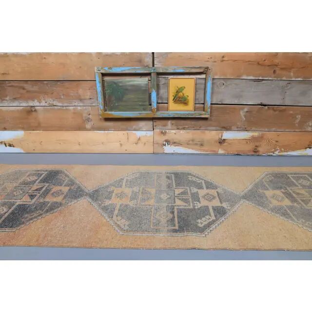 1970s Turkish Oushak handmade runner rug 95x386