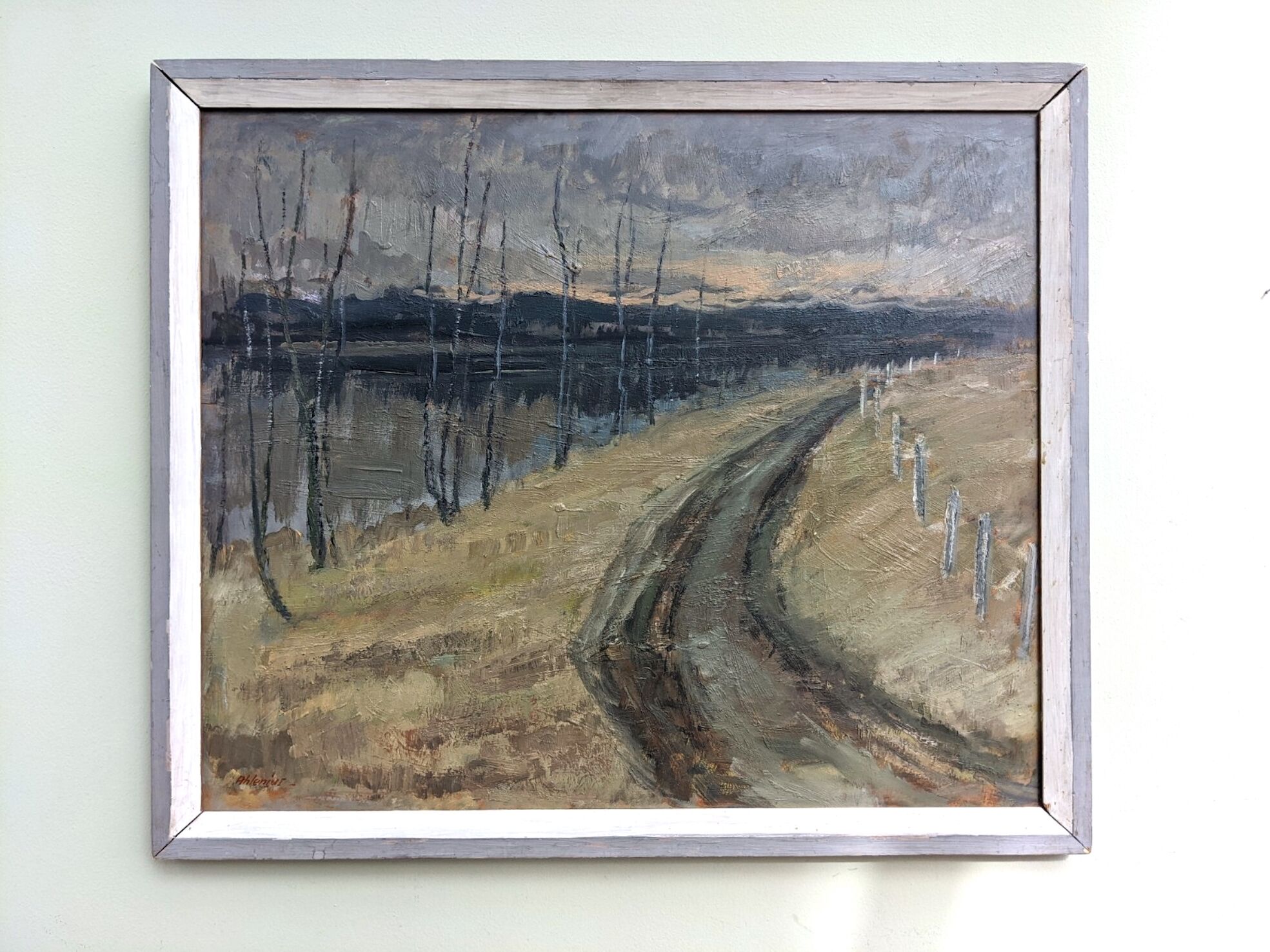 Vintage mid-century modern "river road" swedish expressionist landscape oil painting, framed