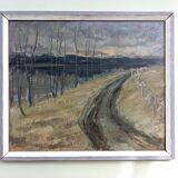 Vintage mid-century modern "river road" swedish expressionist landscape oil painting, framed
