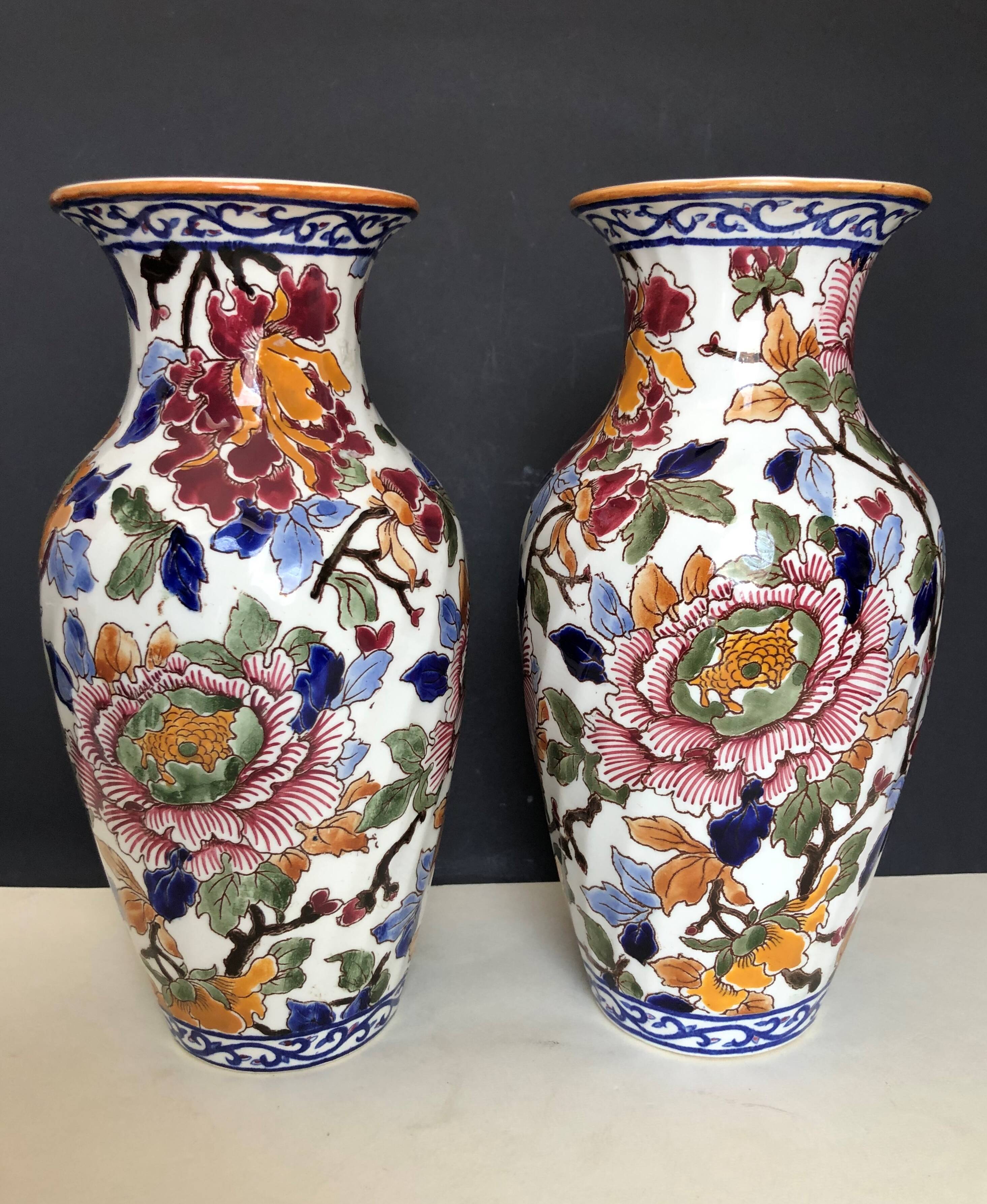 Pair of large Vase in Gien earthen earthen pattern Peonies