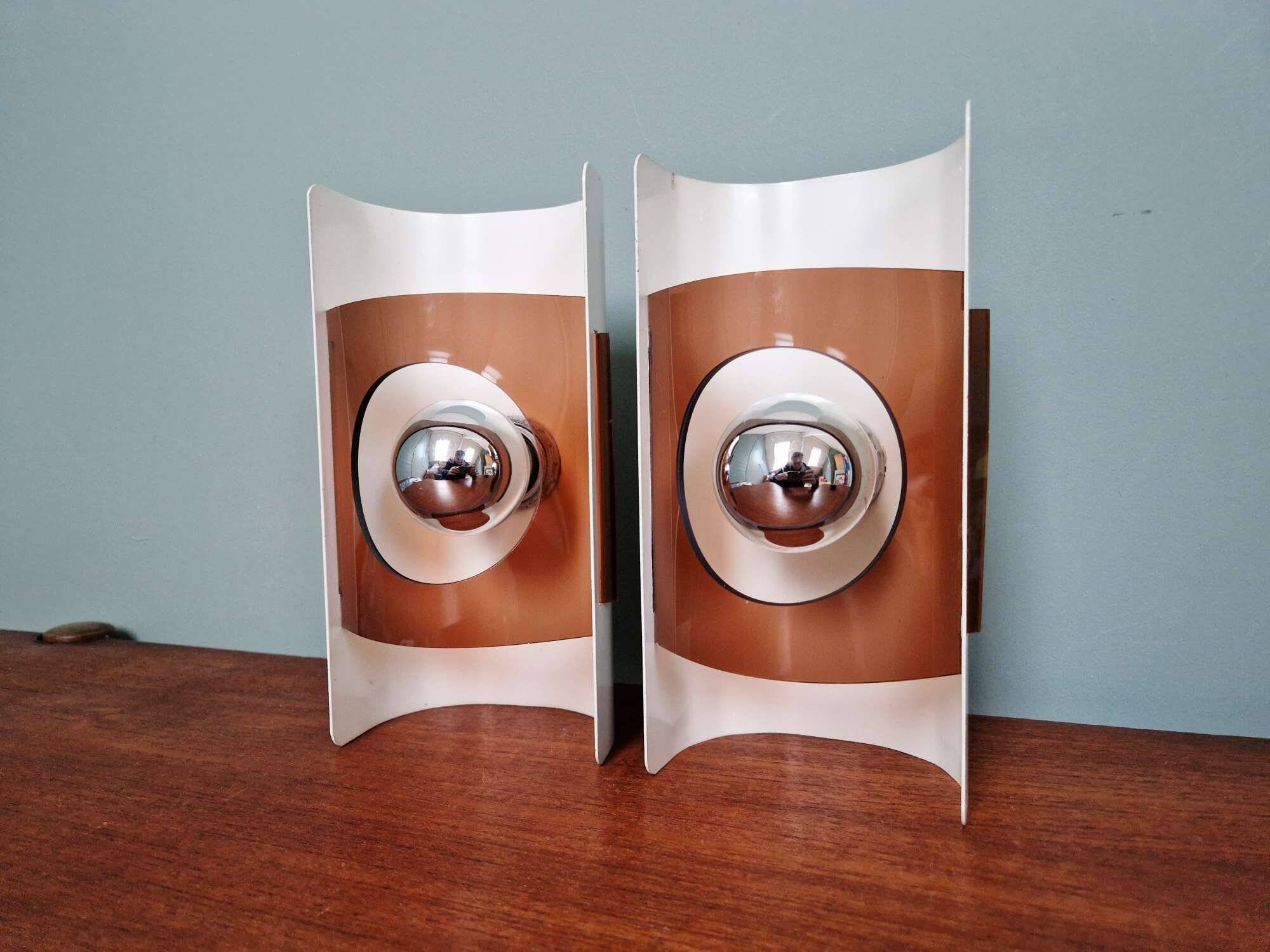 Pair of Space Age wall lights, white lacquered metal and smoked plexiglass