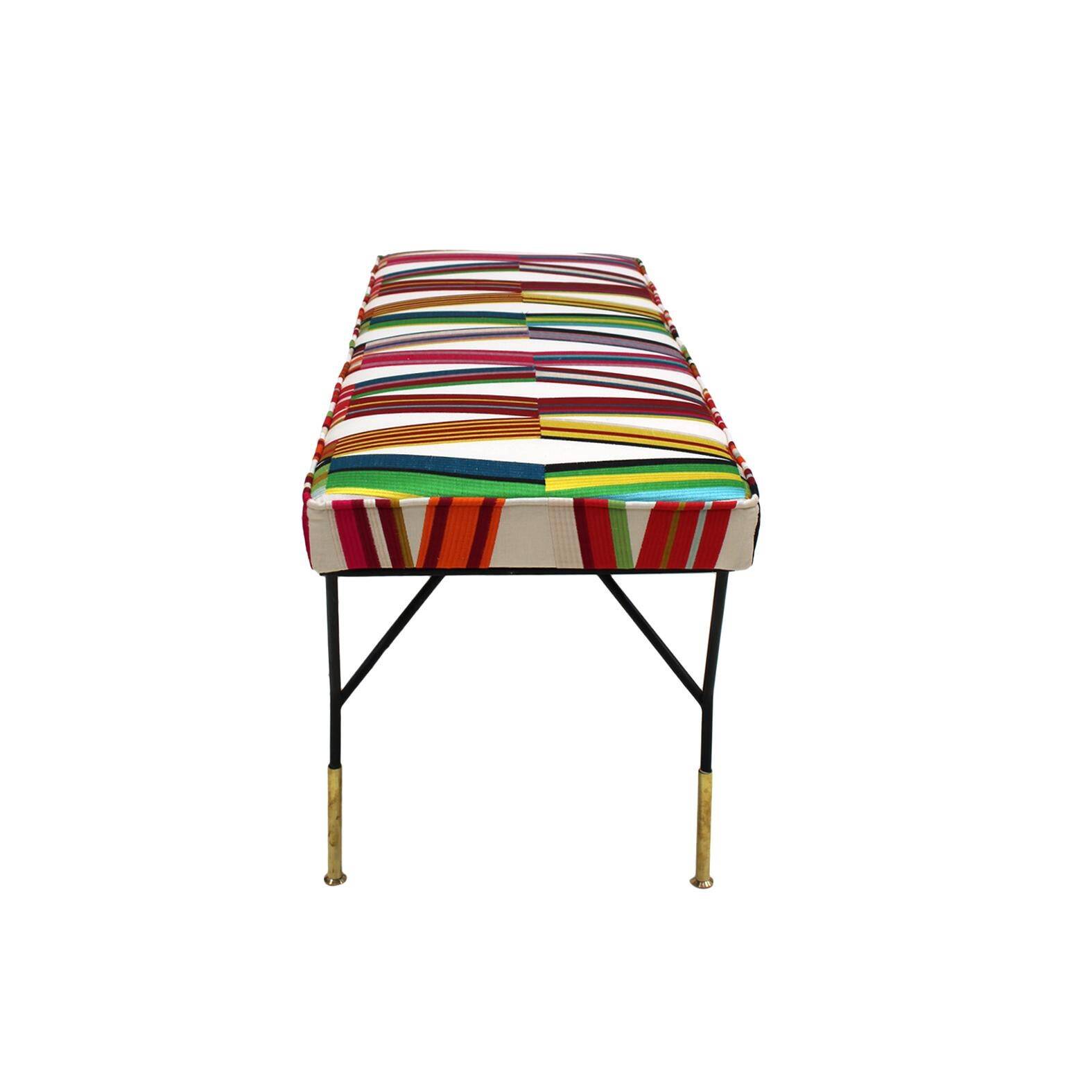 Mid Century Modern Rectangular Footstool with Geometric Multicoloured Fabric
