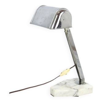 Vintage art deco lamp for Fare in chrome and white and grey veined marble France circa 1930