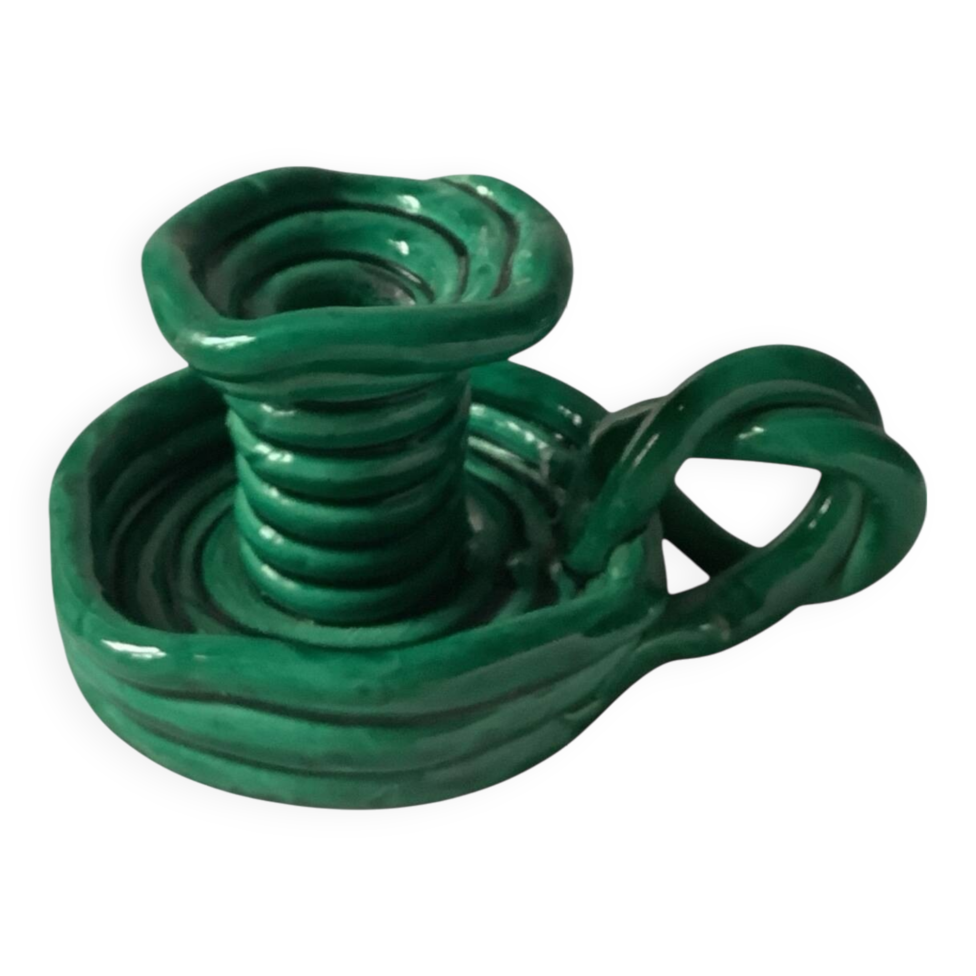 Candlestick in turquoise green glazed earthenware from Vallauris, 1950
