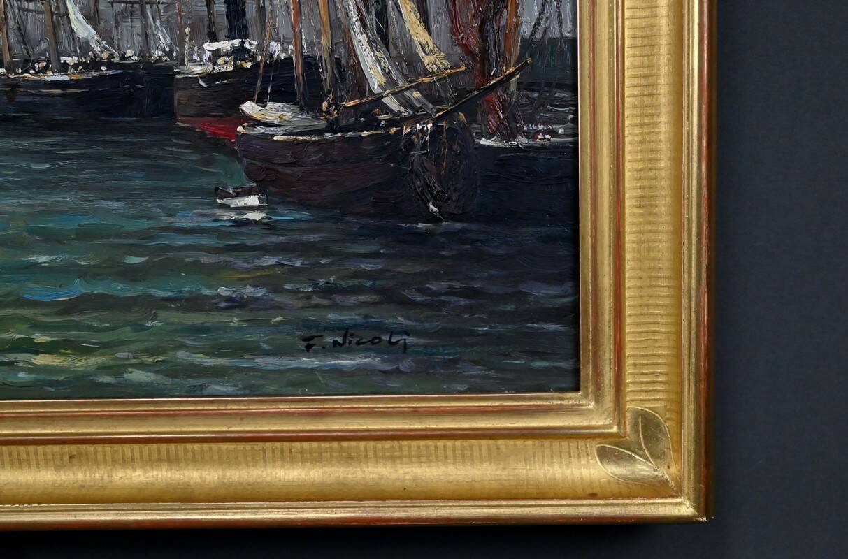 Painting "Harbour Scene", oil on canvas, signed F. Nicoli – 20th century