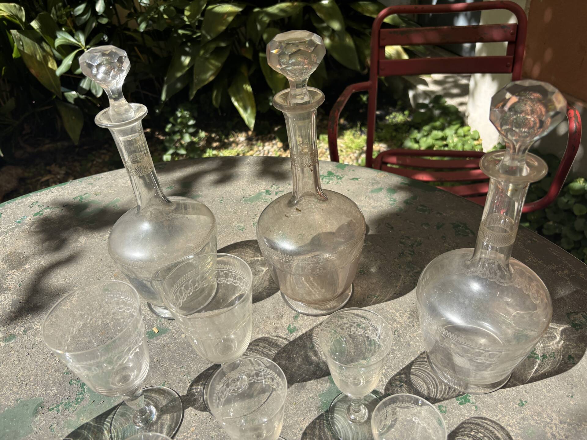 Antique engraved crystal liqueur service? St Louis model early 20th century.