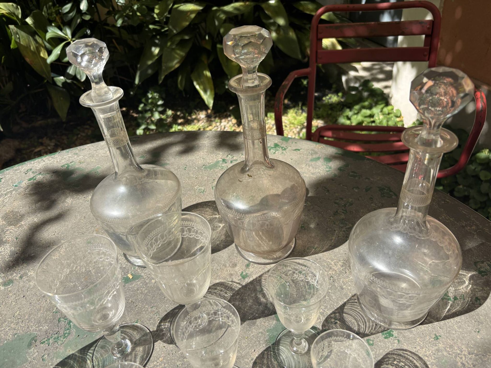 Antique engraved crystal liqueur service? St Louis model early 20th century.
