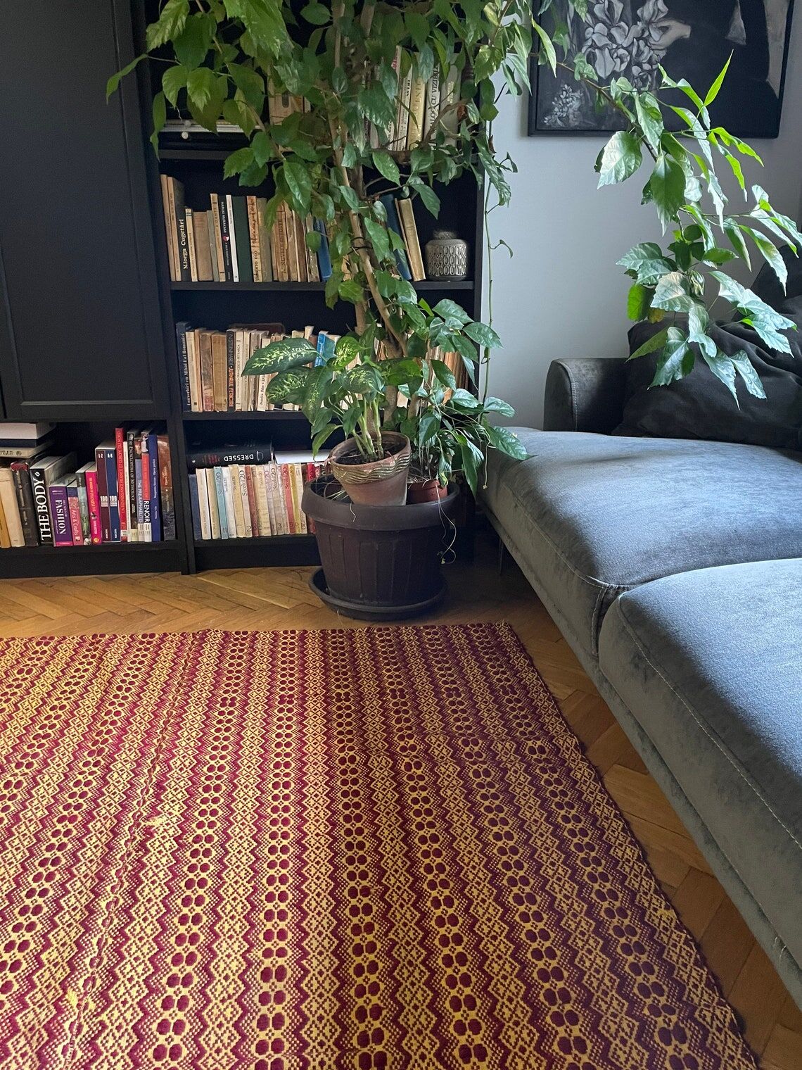 Vintage Romanian carpet brown design on yellow background 217x146cm