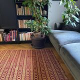 Vintage Romanian carpet brown design on yellow background 217x146cm