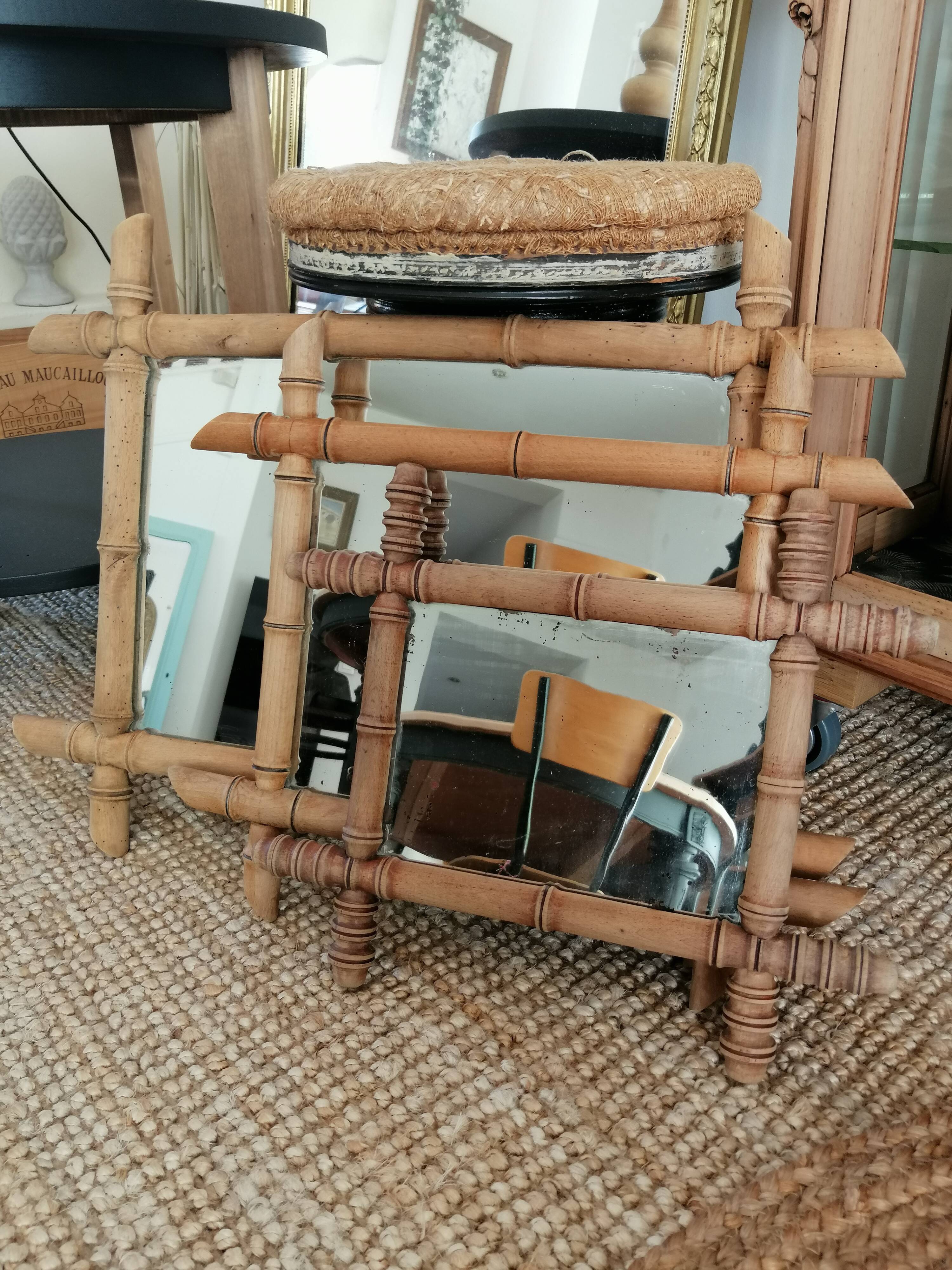 Set of vintage wood mirrors bamboo effect