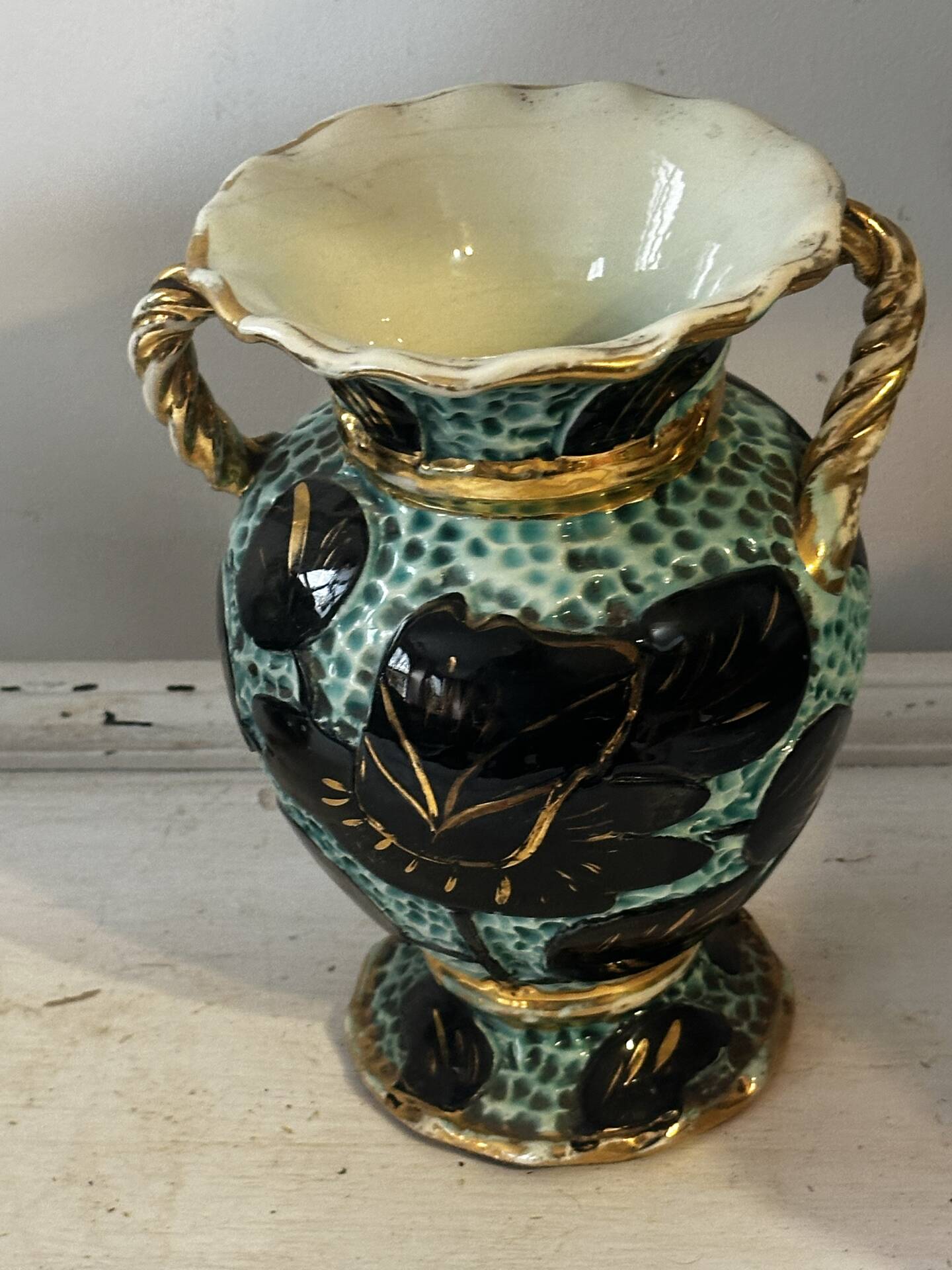 Pair of Vallauris vases in turquoise and black ceramic enhanced with o