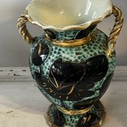 Pair of Vallauris vases in turquoise and black ceramic enhanced with o
