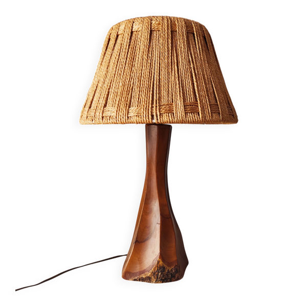 Lampe brutaliste vintage 60-70 bois et corde