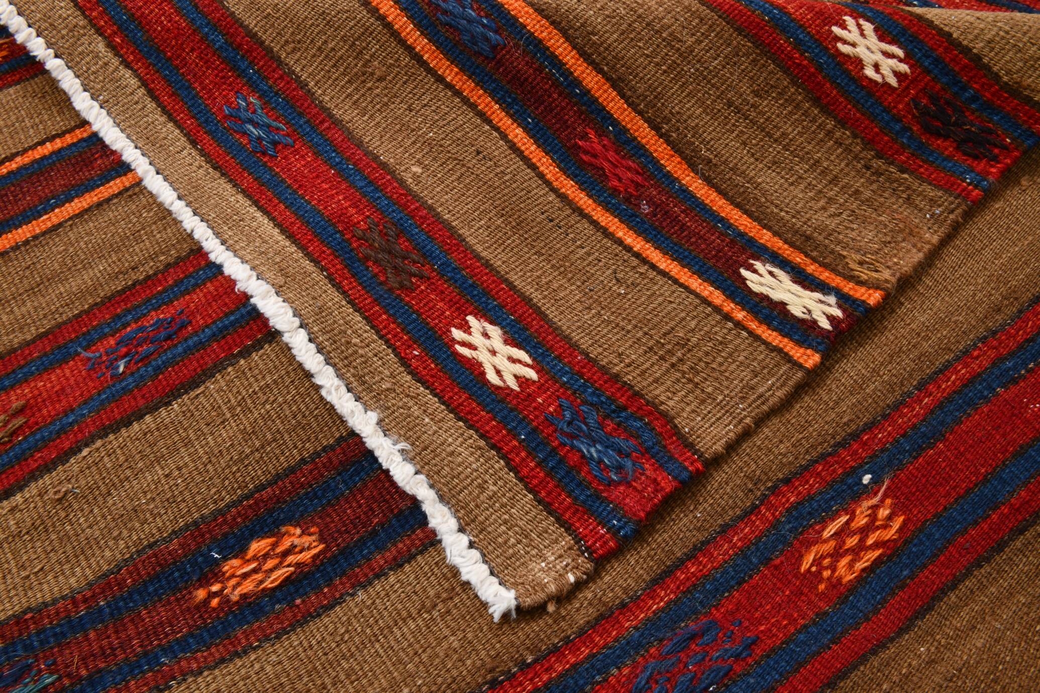 Turkish Striped Red Brown Vintage Kilim Rug, 154x246Cm