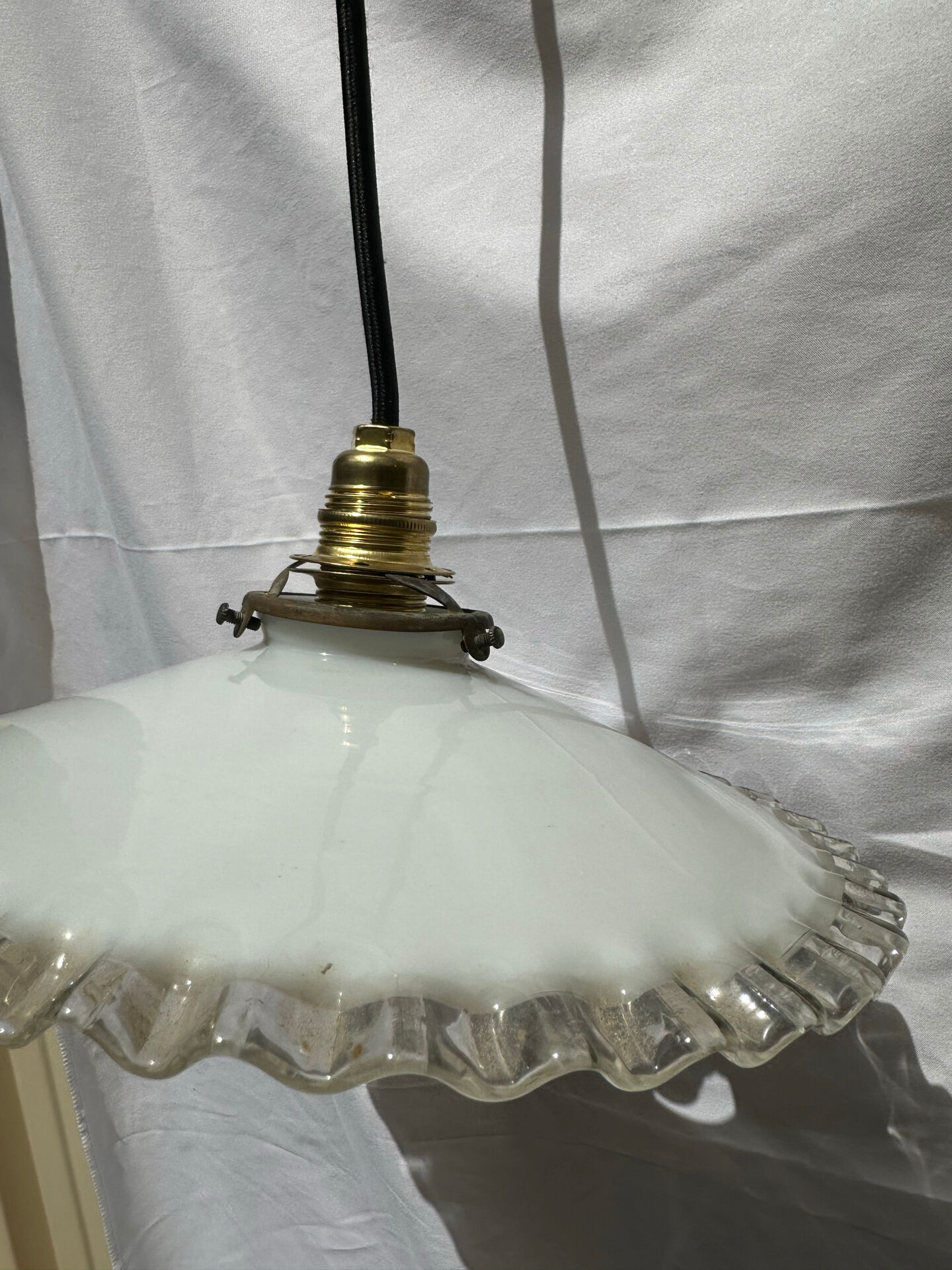 White opaline wavy suspension brass claw vintage lampshade