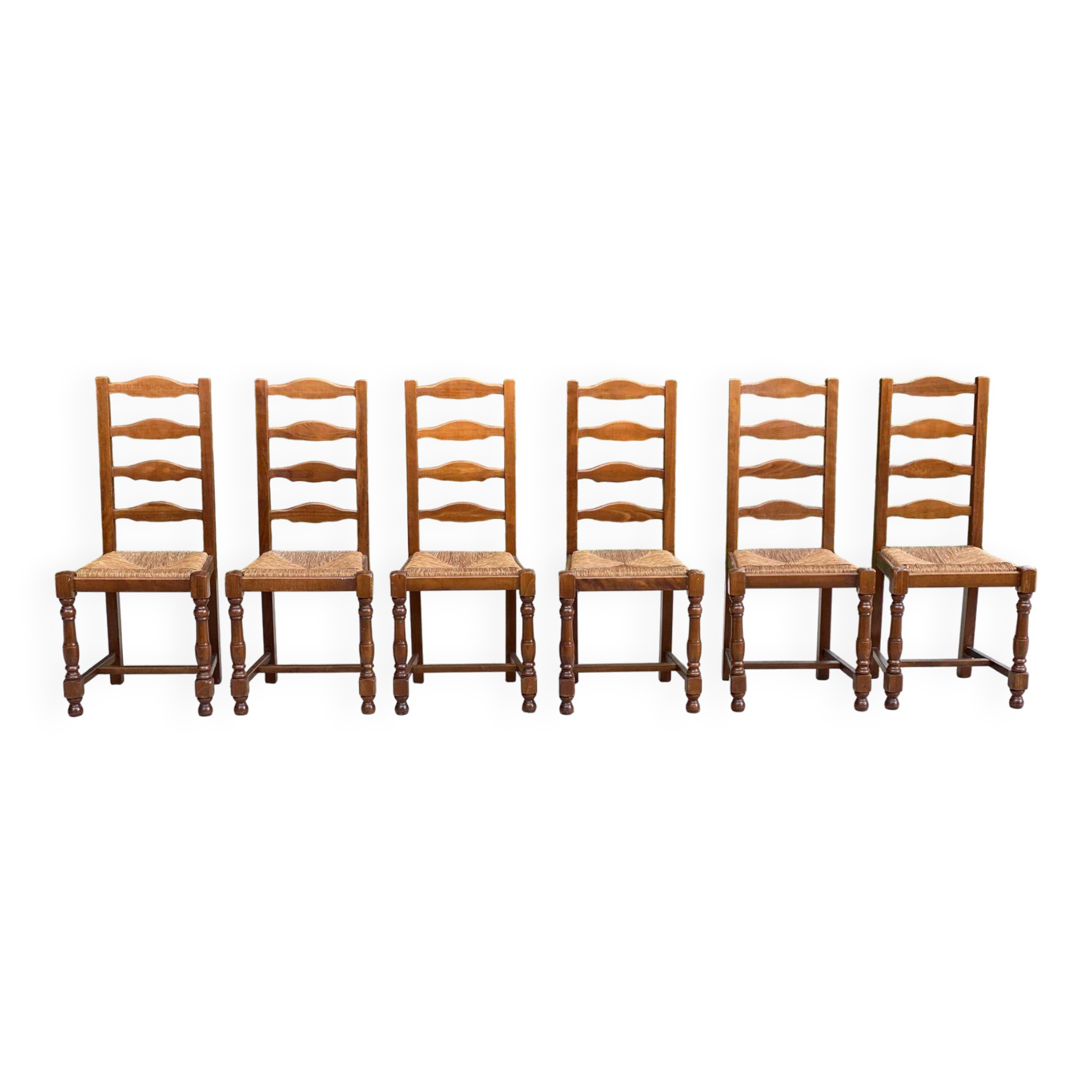 6 solid oak and straw chairs with high backs