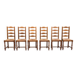6 solid oak and straw chairs with high backs