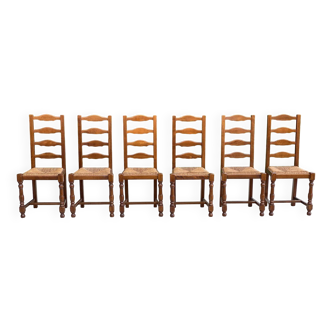 6 chaises bois massif chêne moyen satin et paille dossier haut