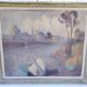 Tableau peinture gouache bord de rivière en Bretagne, vintage