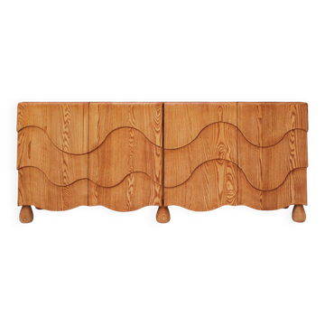 Contemporary Handcrafted Oak Solid Wood And Travertine Italian Sideboard