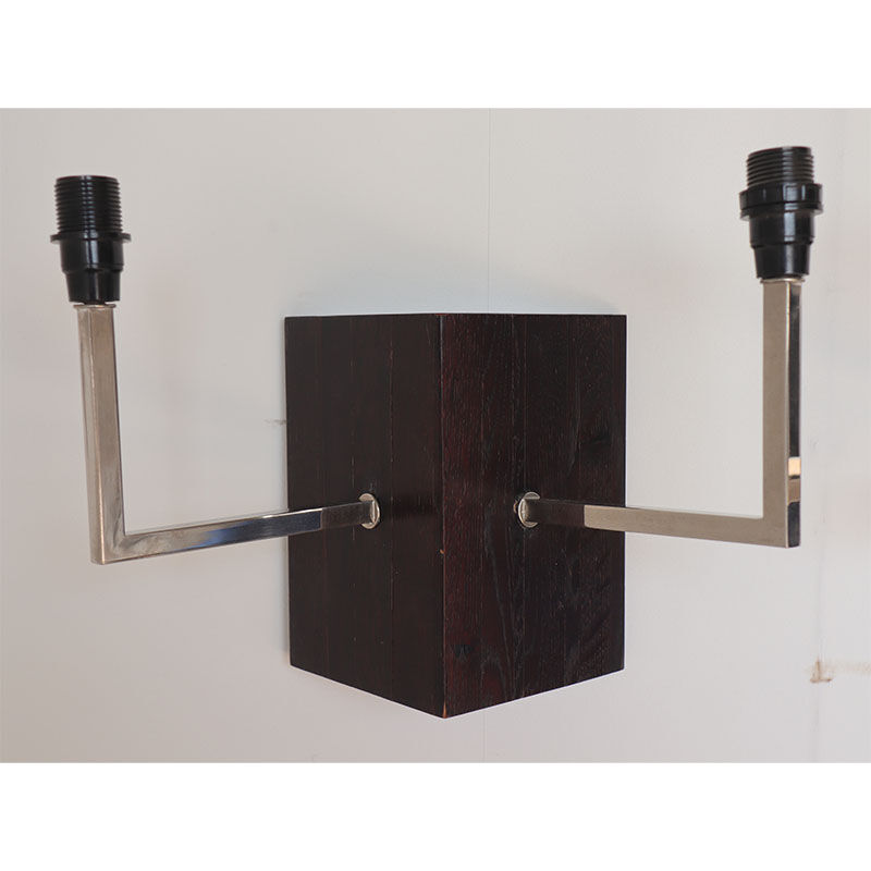 Pair of wall sconces in oak and chromed metal
