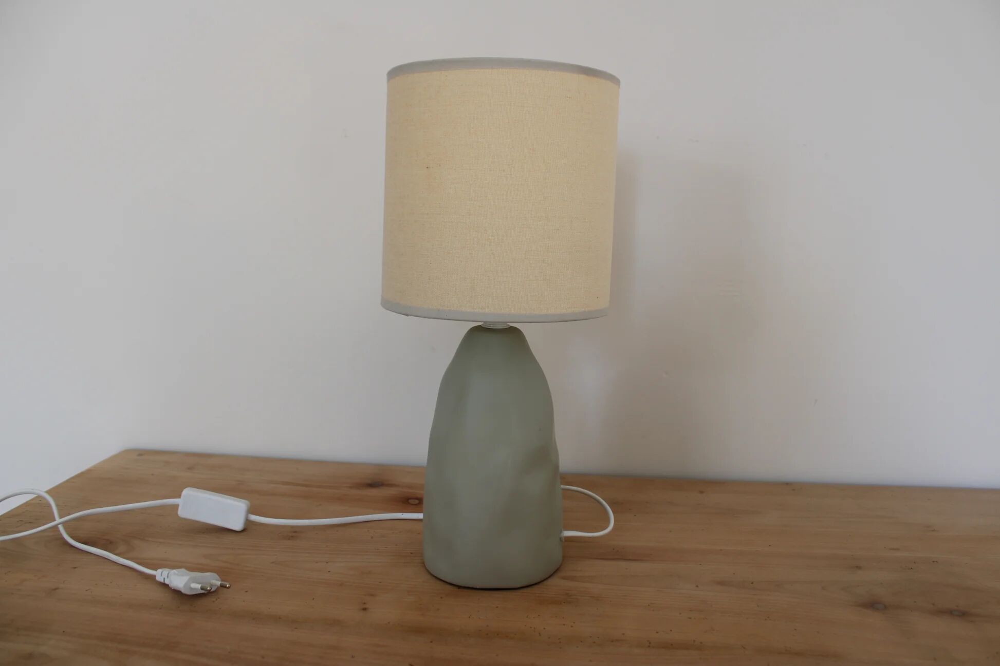 Sage green table lamp with cream lampshade – organic style bedside lamp