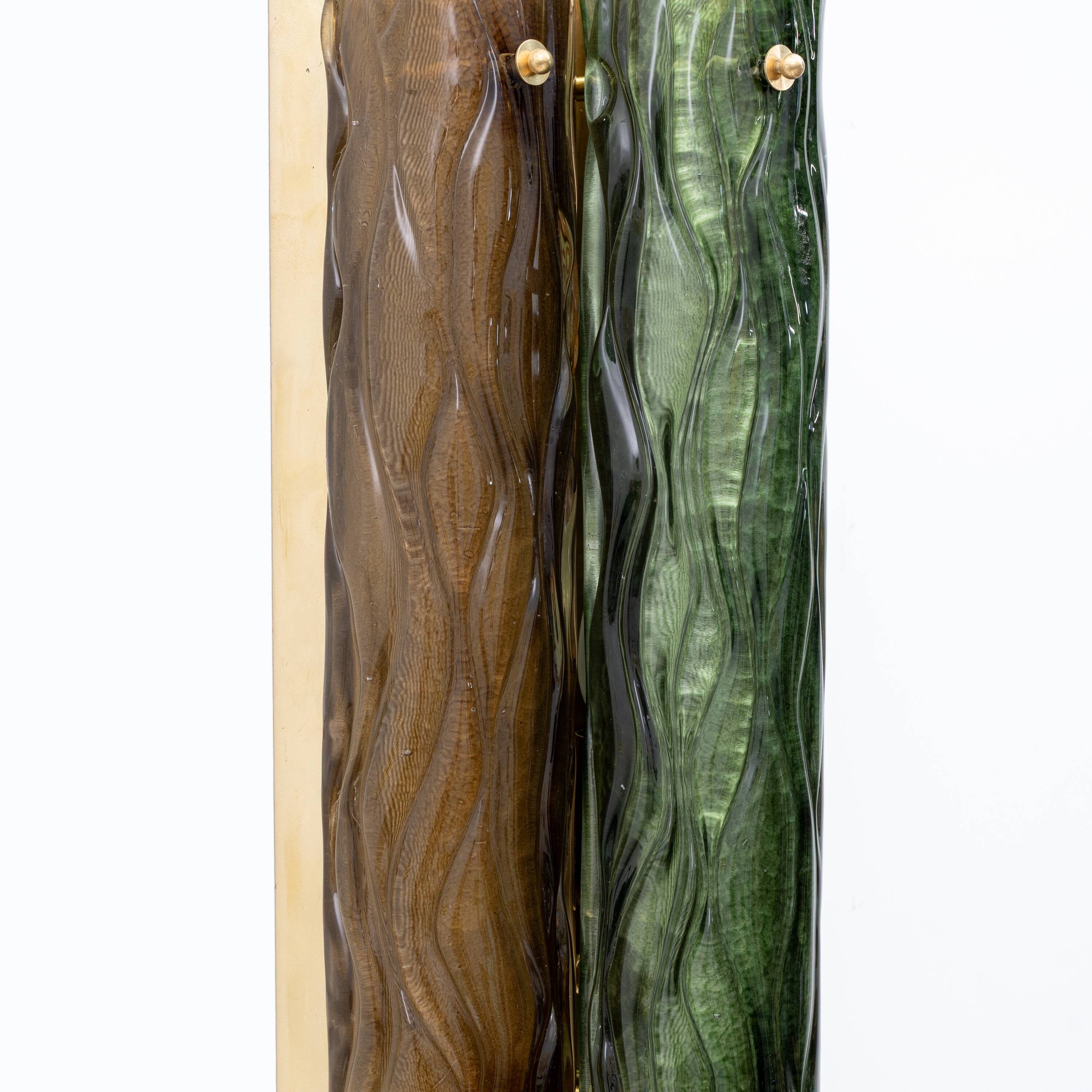 Pair of Modern Amber and Green Murano Glass and Brass Sconces