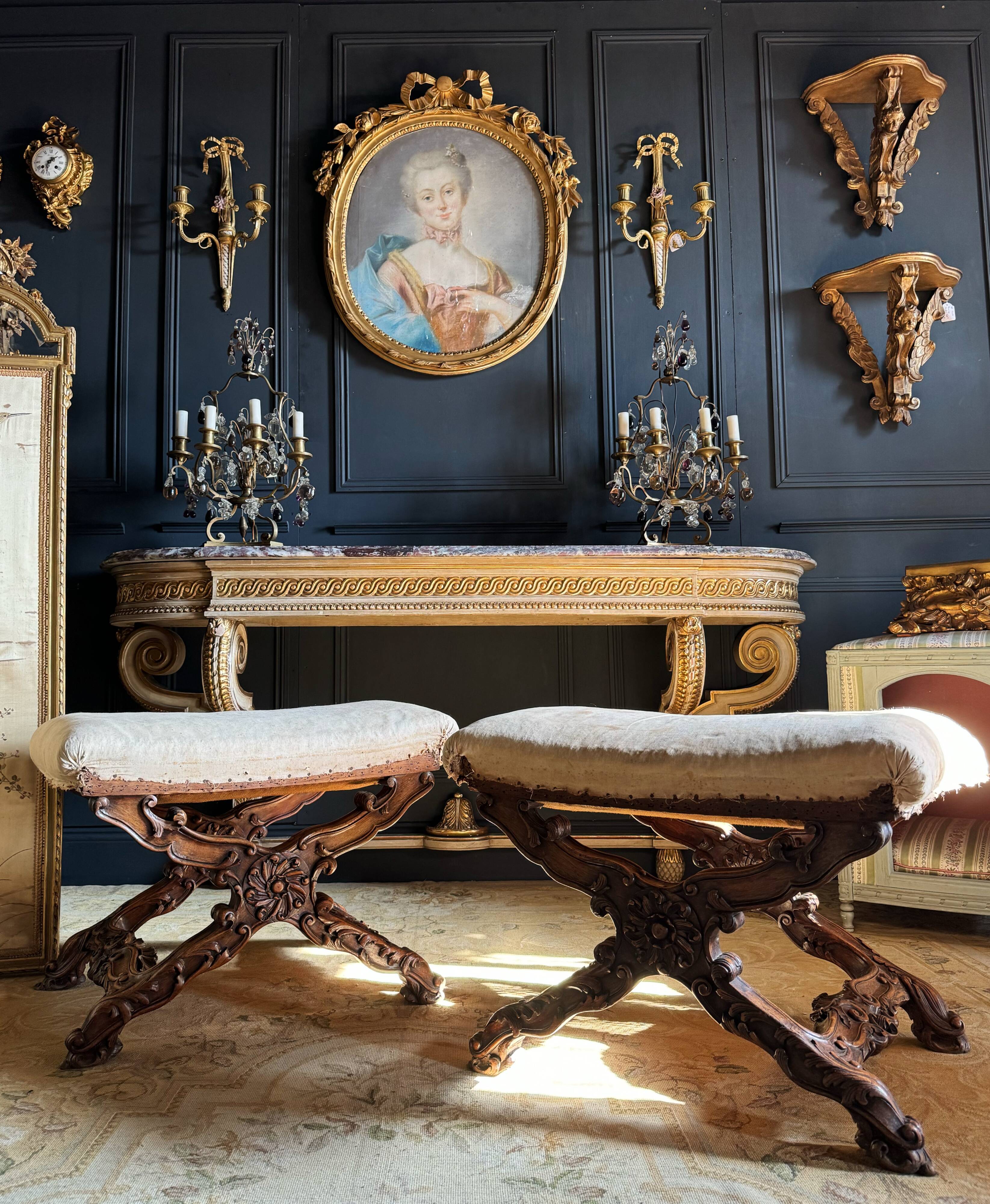 Pair of late 19th century Louis XV style carved wood curules