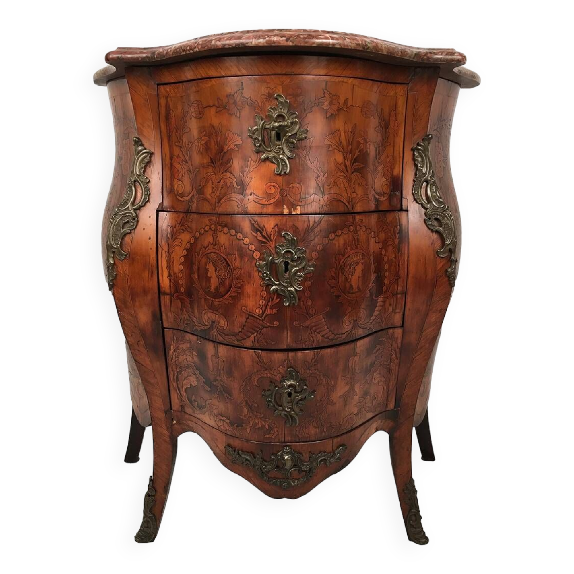Louis XV style chest of drawers, richly inlaid, animated front and side. 19th century
