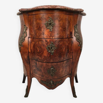 Louis XV style chest of drawers, richly inlaid, animated front and side. 19th century