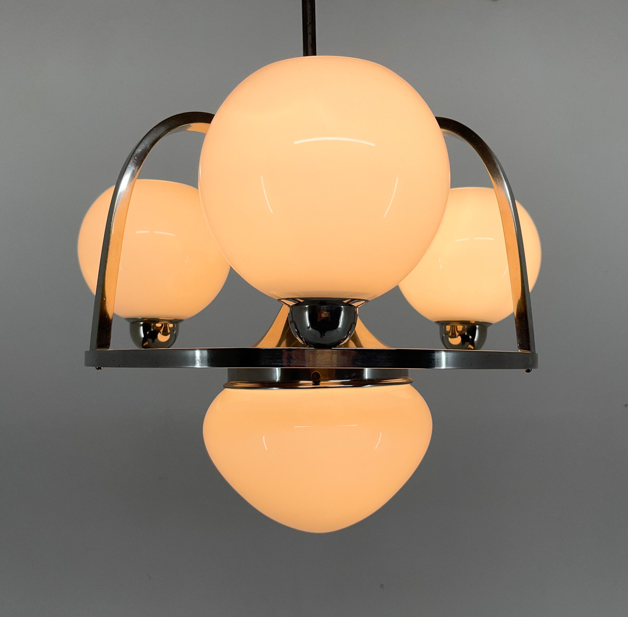 Art Deco Chrom & Milk Glass Chandelier, Restored, 1930's
