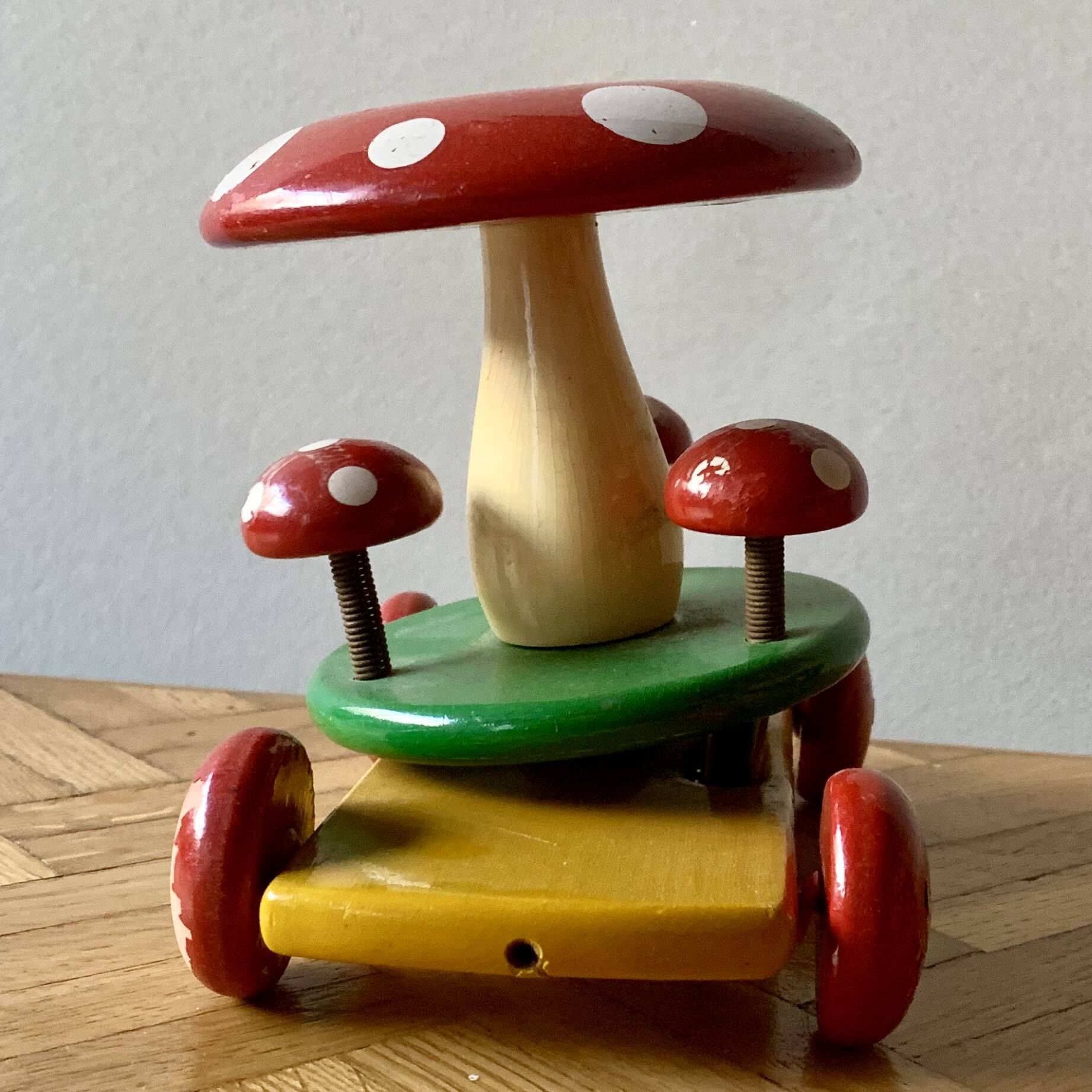 Vintage Wooden Pull Along Toy - Mushroom - 1960s