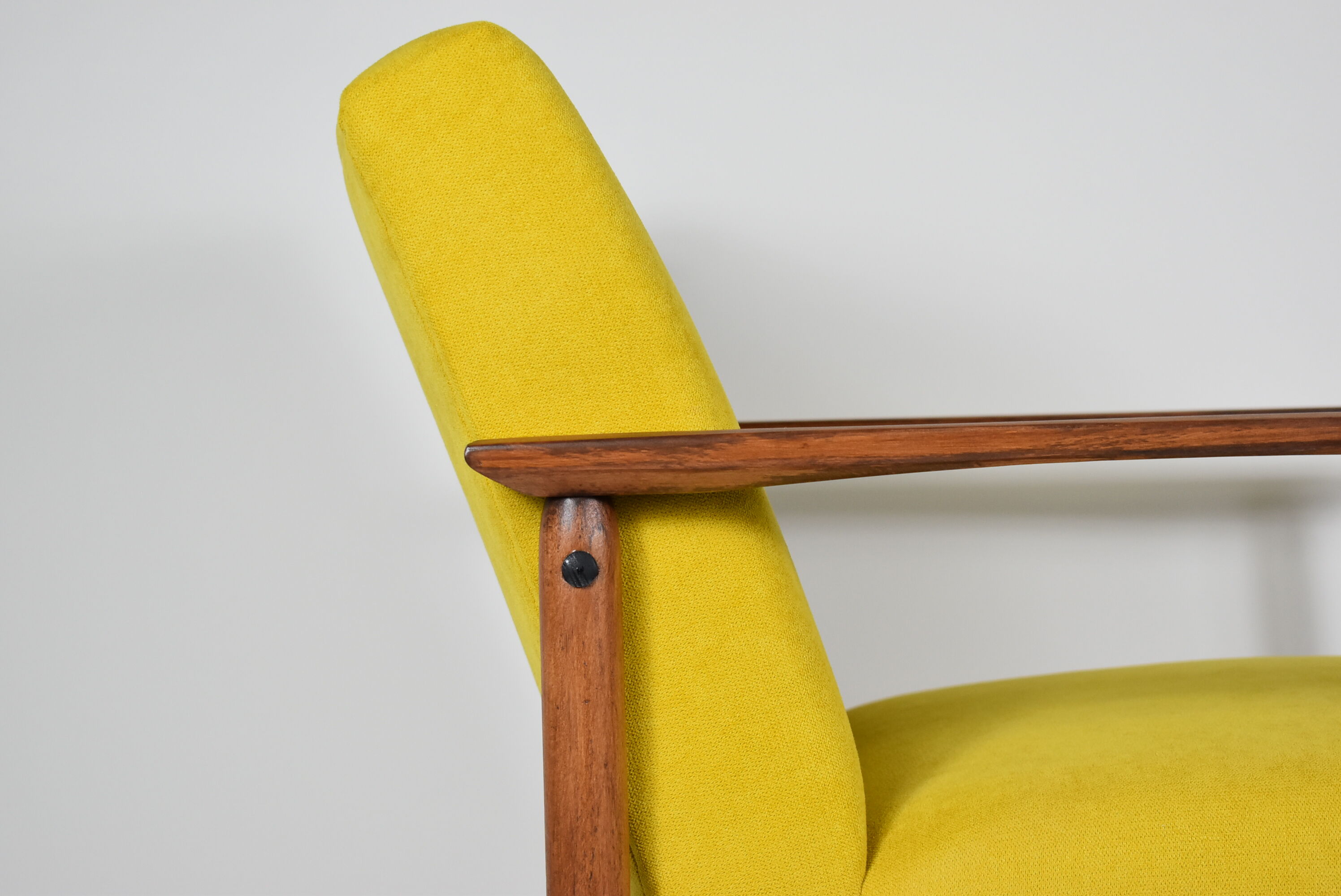 Vintage armchair yellow fabric, teak wood, 1960s