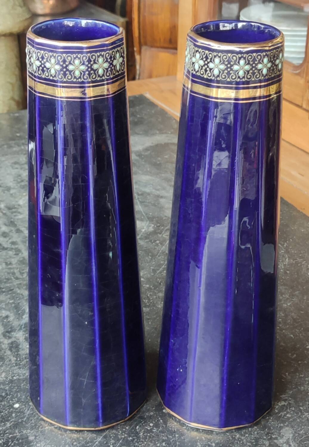Pair of old vases/enameled decoration/gustave de bruyne