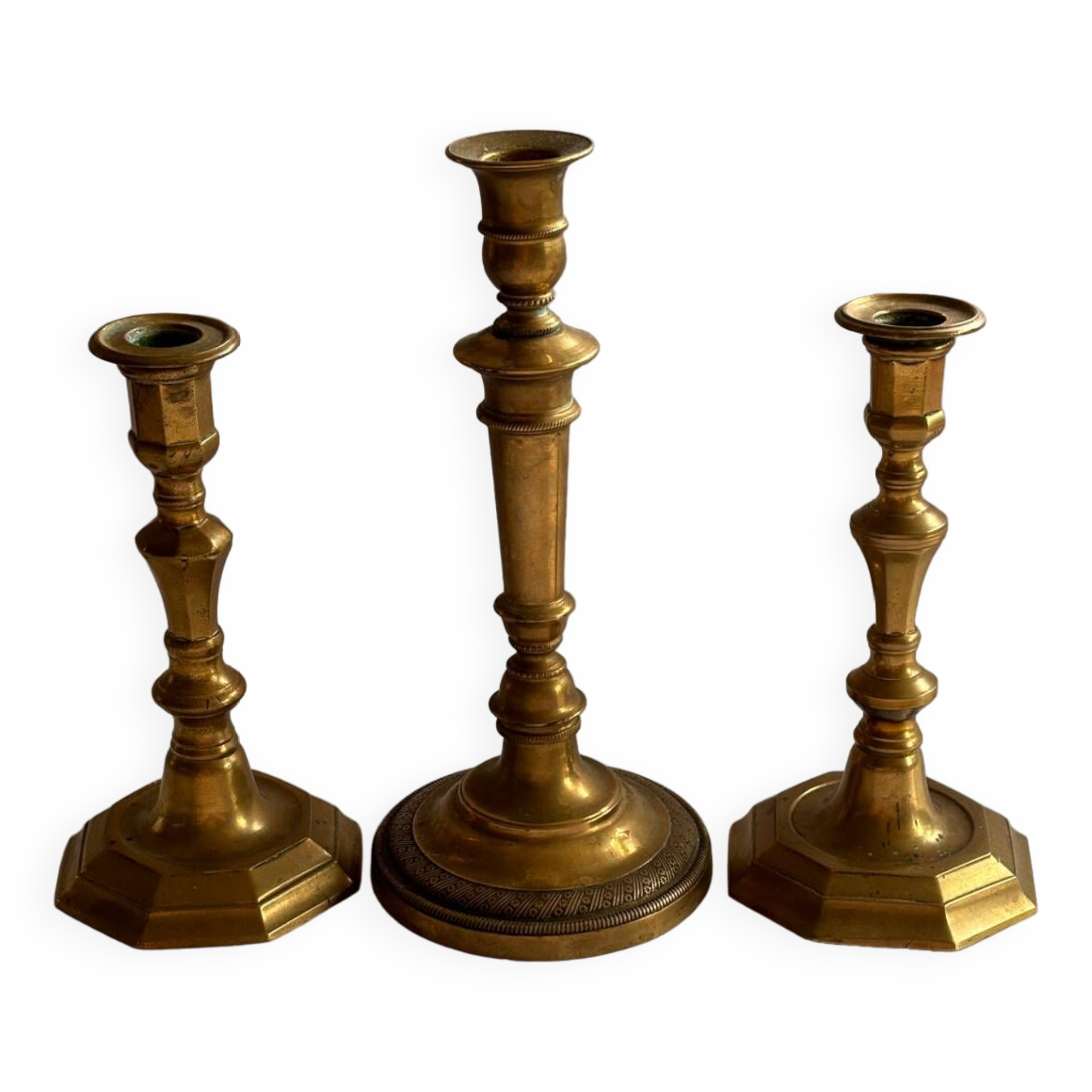 Set of 3 bronze and brass candlesticks, 19th century