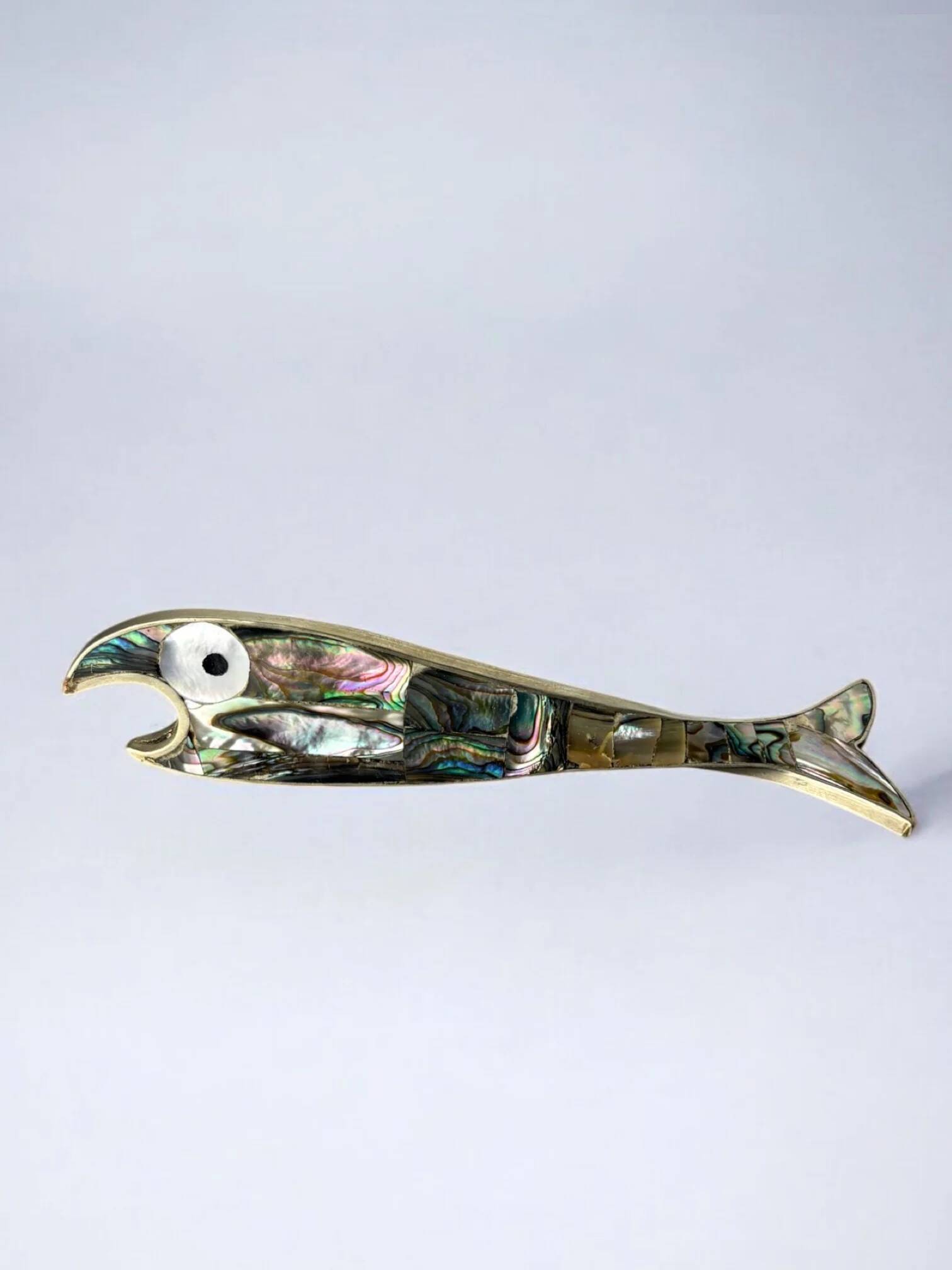 Fish bottle opener, abalone shell & alpaca, Mexico, 1980