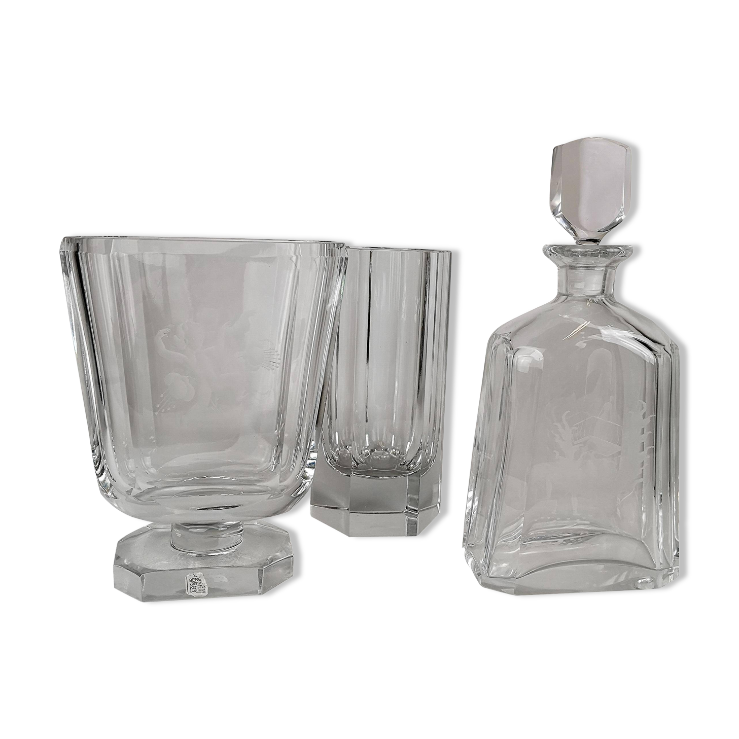 Art Deco three-piece crystal set by Elis Bergh, Kosta, Sweden, 1930s.