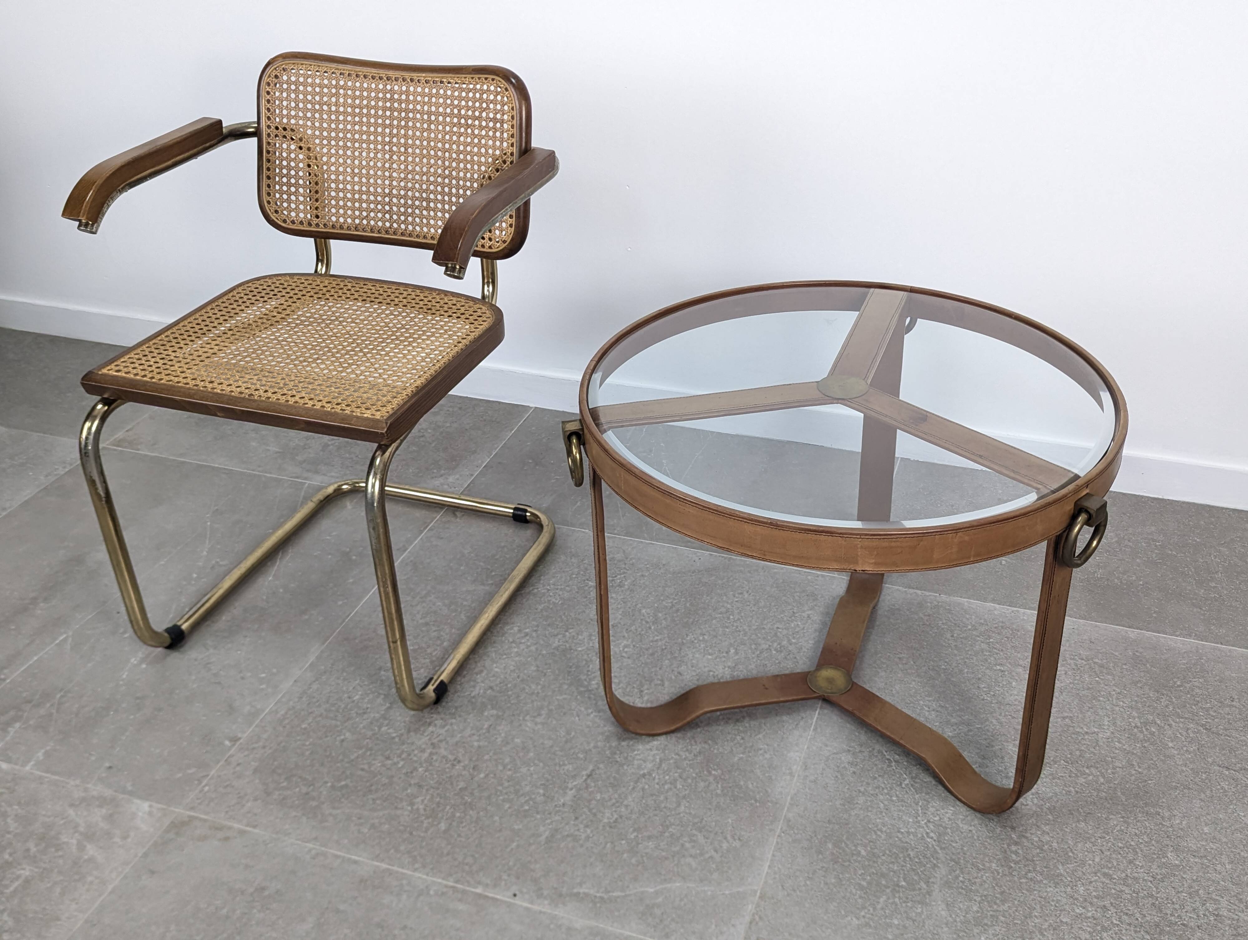 Brass and Stitched Leather Coffee Table