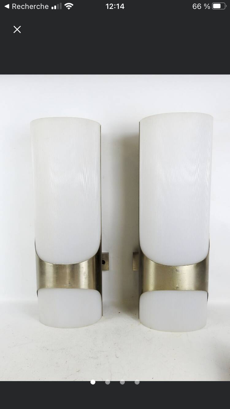 Brushed metal and ribbed opal plastic wall lights