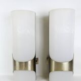 Brushed metal and ribbed opal plastic wall lights