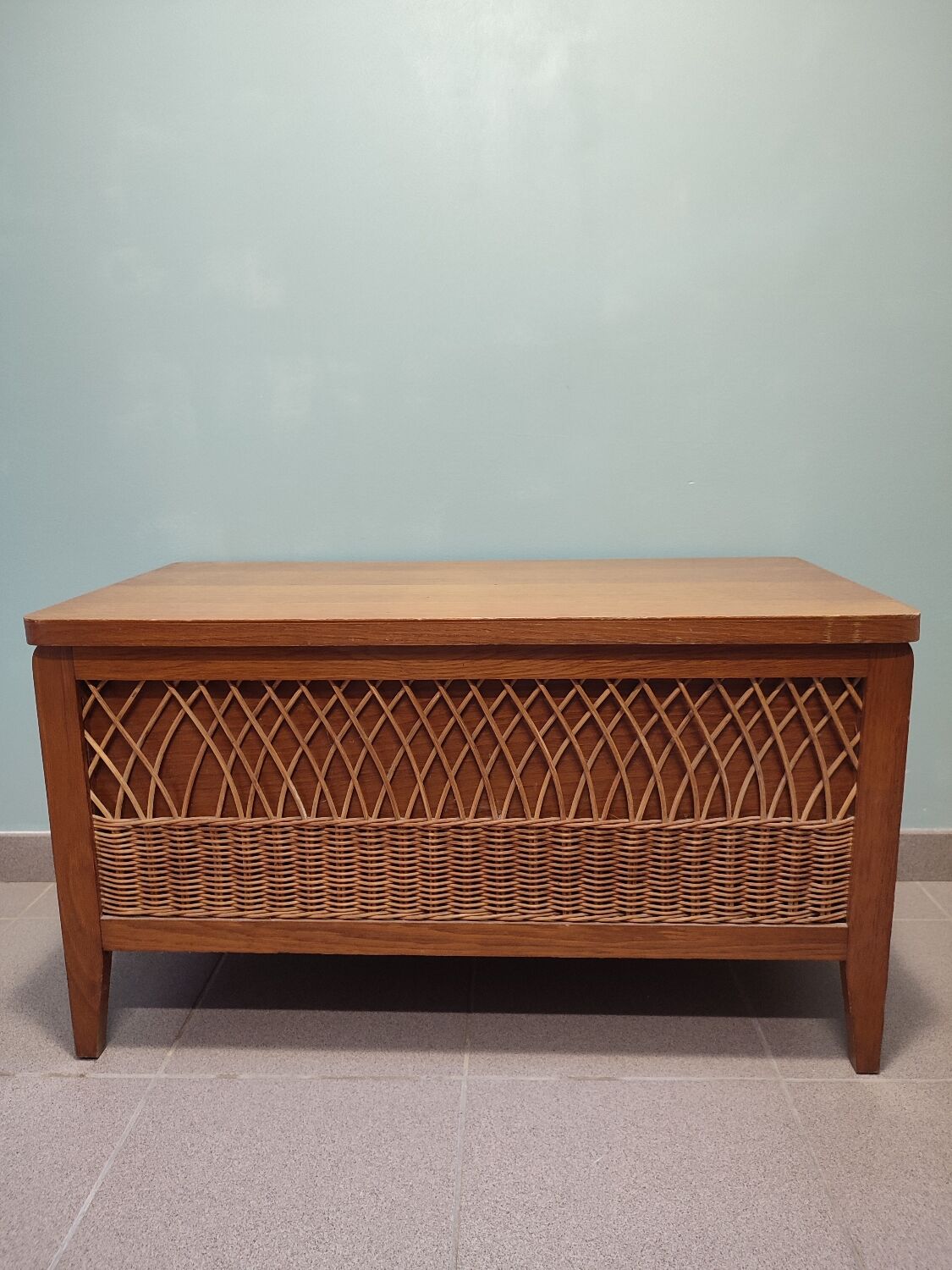 Vintage wooden and rattan toy chest