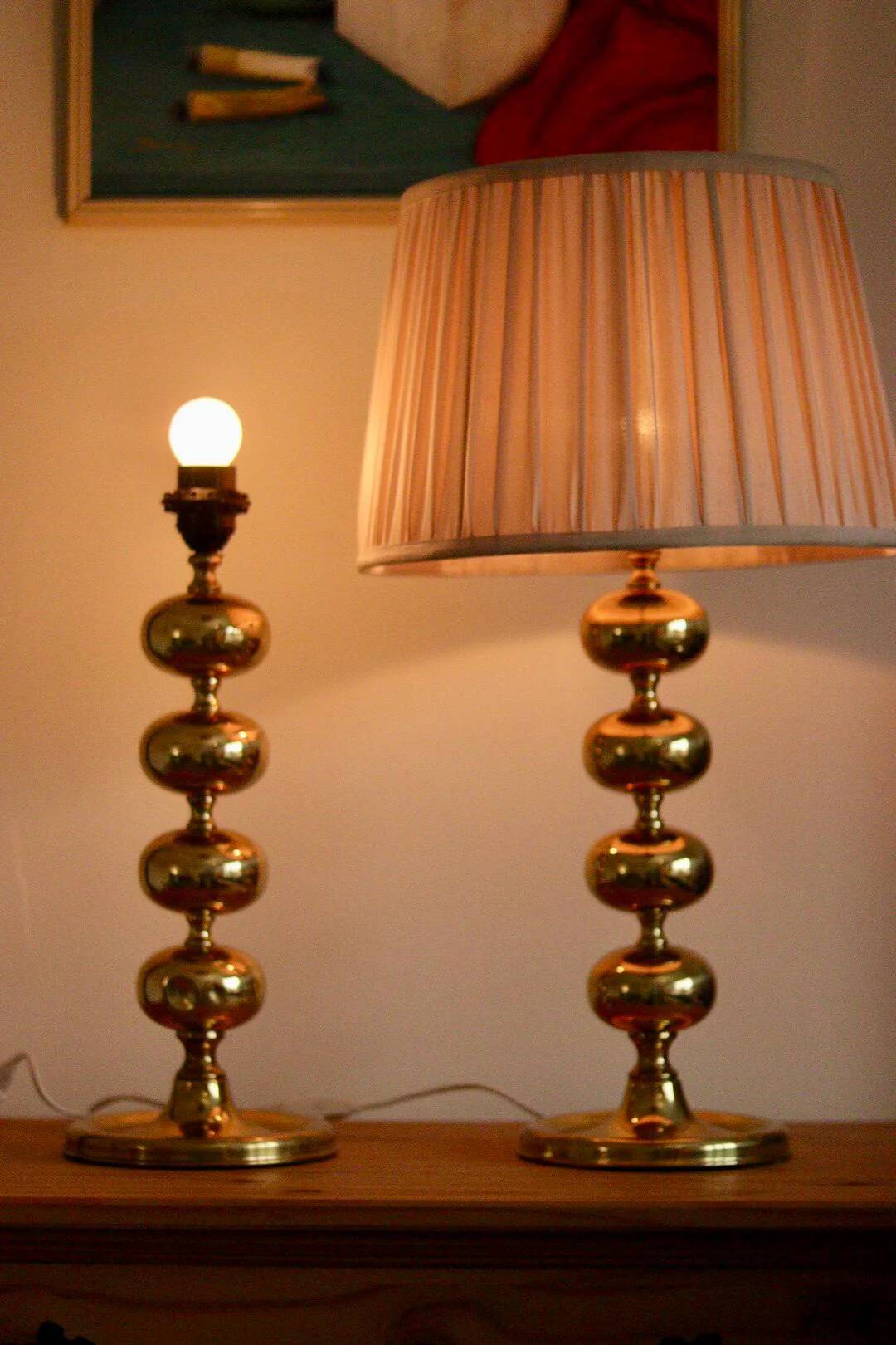 Pair of tall mid-century Swedish brass bobbin lamps by Aneta