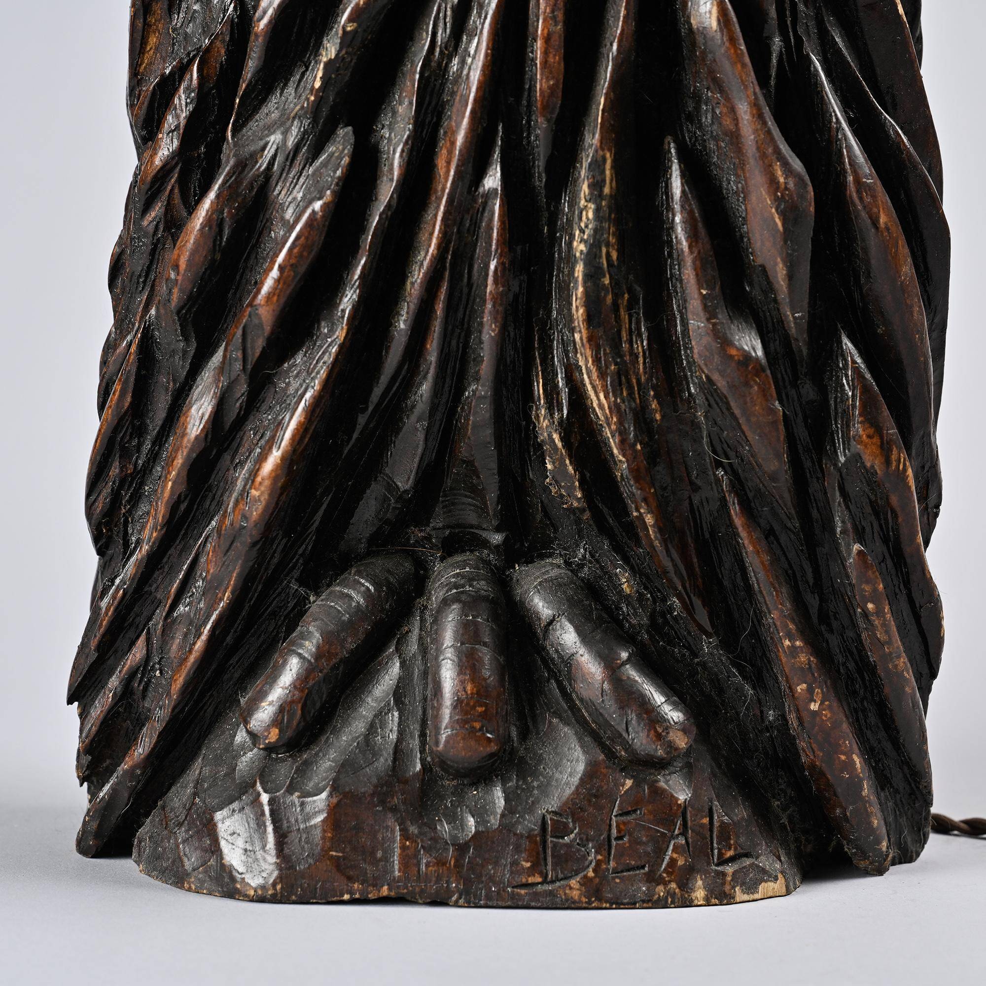 Owl table lamp in carved wood by BEAL, circa 1970.