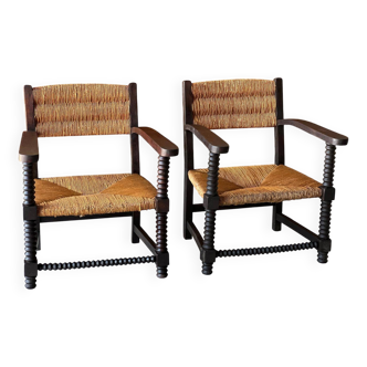 Paire de fauteuils en chêne et roseau tressé 1940