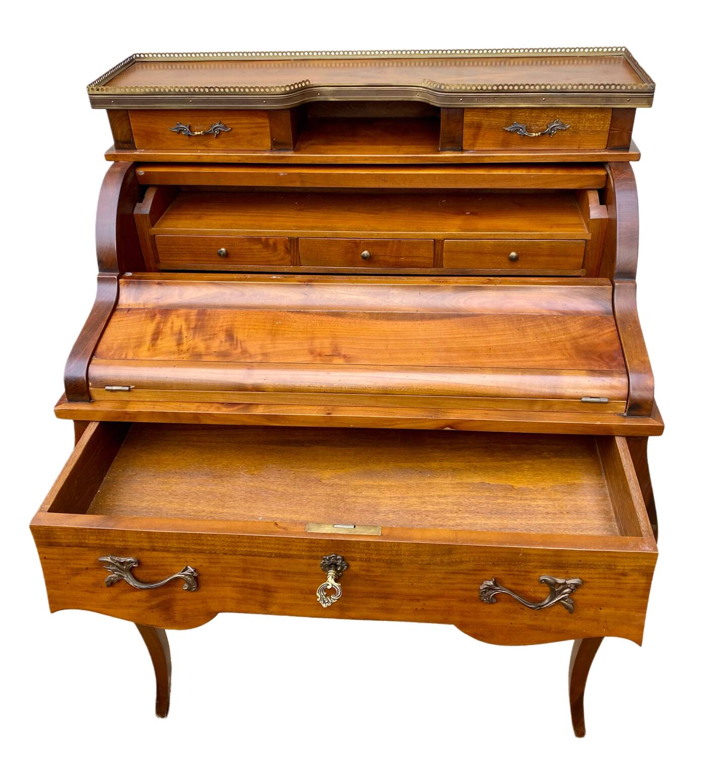 Secrétaire bureau à cylindre de style Louis XV, 6 tiroirs