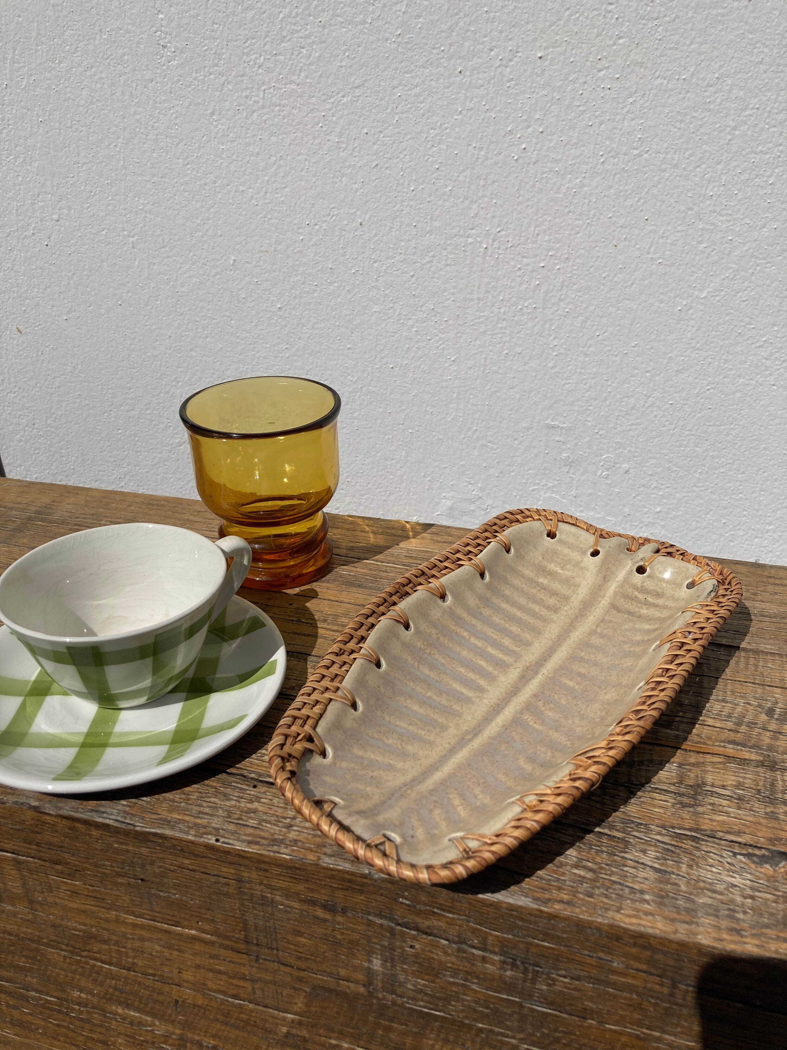 Vide poche coupelle en grès et osier tressé vintage